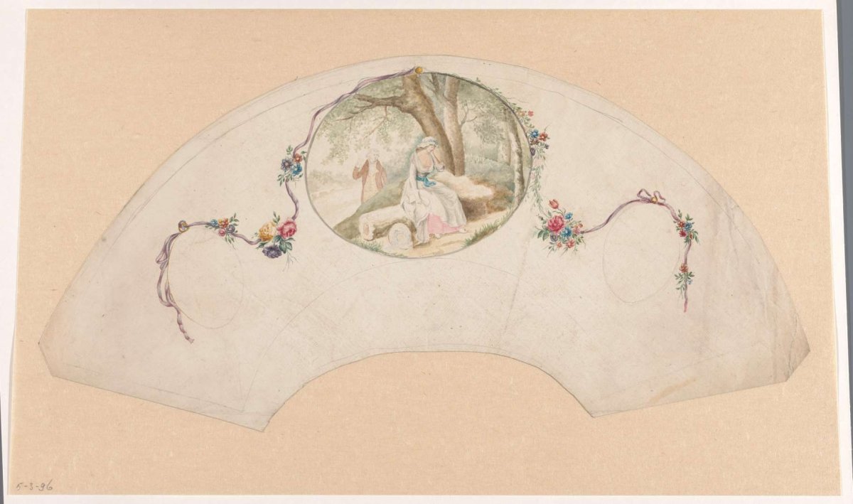Design for a fan with a sleeping woman and a man, anonymous, 1700 - 1800