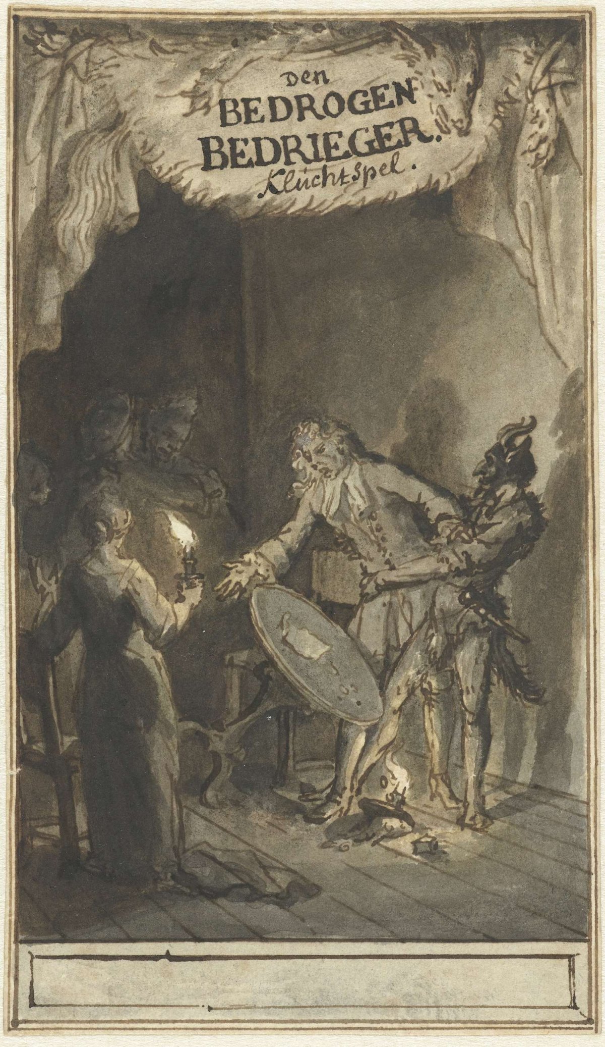 Design for the title page of the farce Den Bedrogende Bedrieger, Bernard Picart, 1683 - 1733