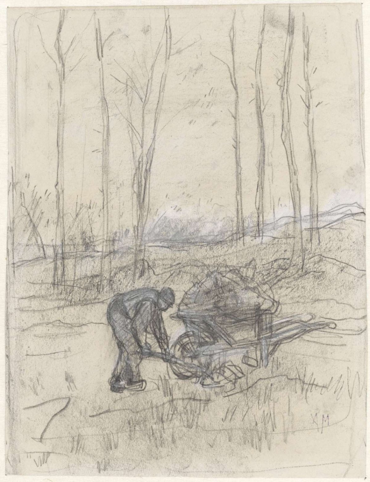 Farmer at work with a wheelbarrow in the forest, Anton Mauve, 1848 - 1888