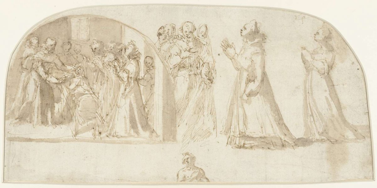 Lunette with a healing by a saint and some loose figures, anonymous, c. 1620