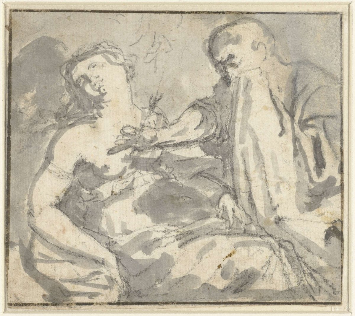 A man removes an arrow from a woman's breast (Cephalus and Procris?)., anonymous, 1600 - 1699