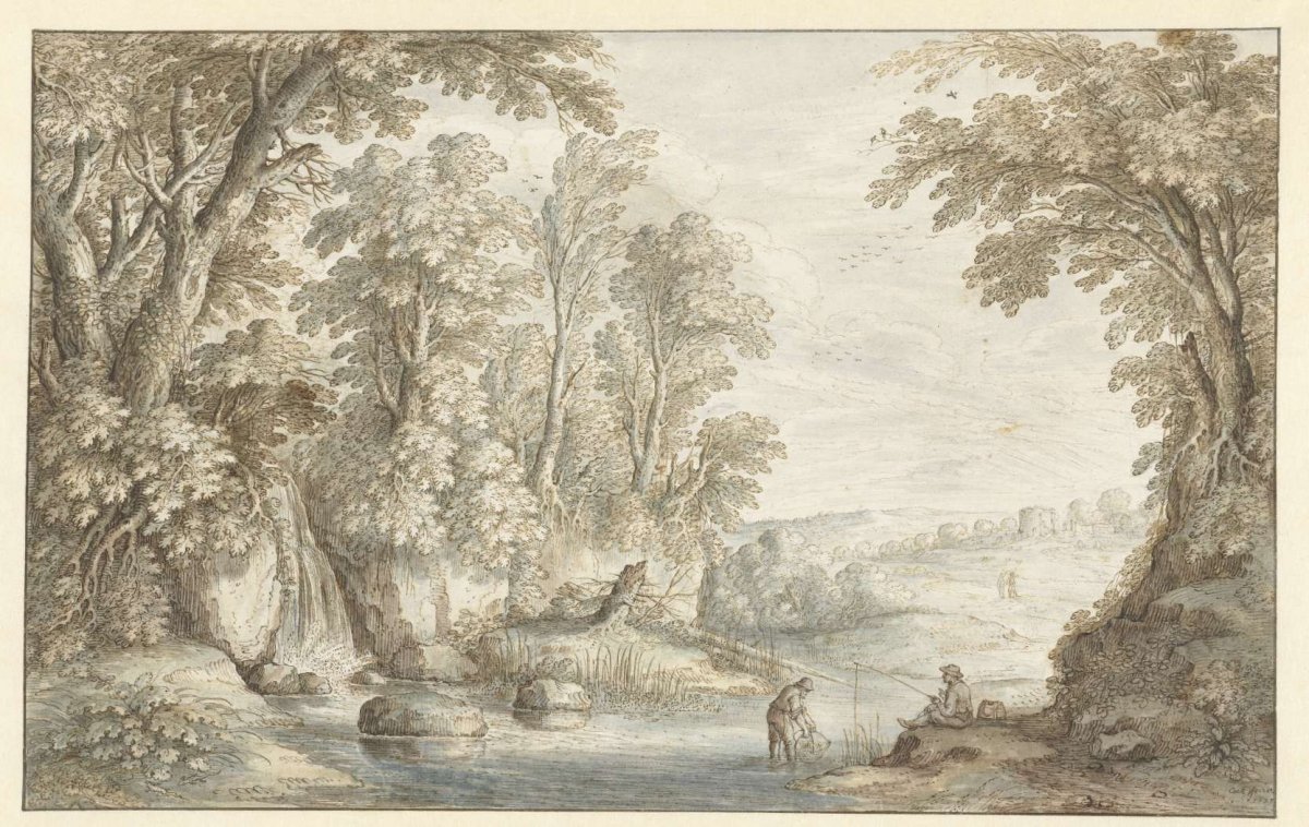 Two Anglers in a Wooded Landscape with a Waterfall, Marten de Cock, 1628
