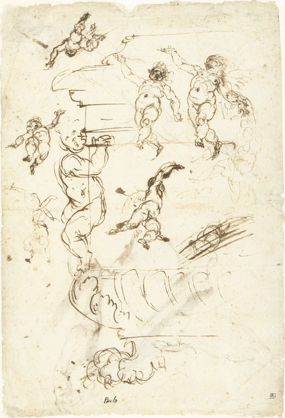 Sketch sheet showing a corner of a coffin on a lion's foot and several putti, Cherubino Alberti, 1563 - 1615
