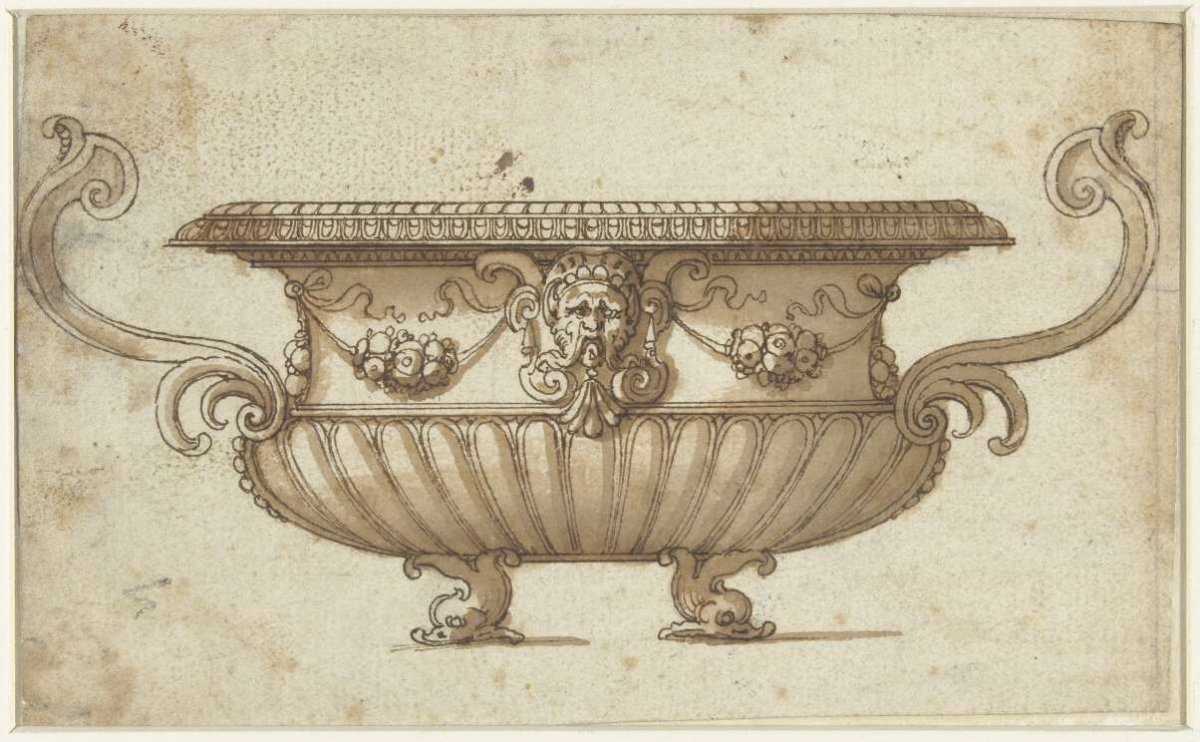Design for an ornamented basin with two ears, anonymous, 1500 - 1599