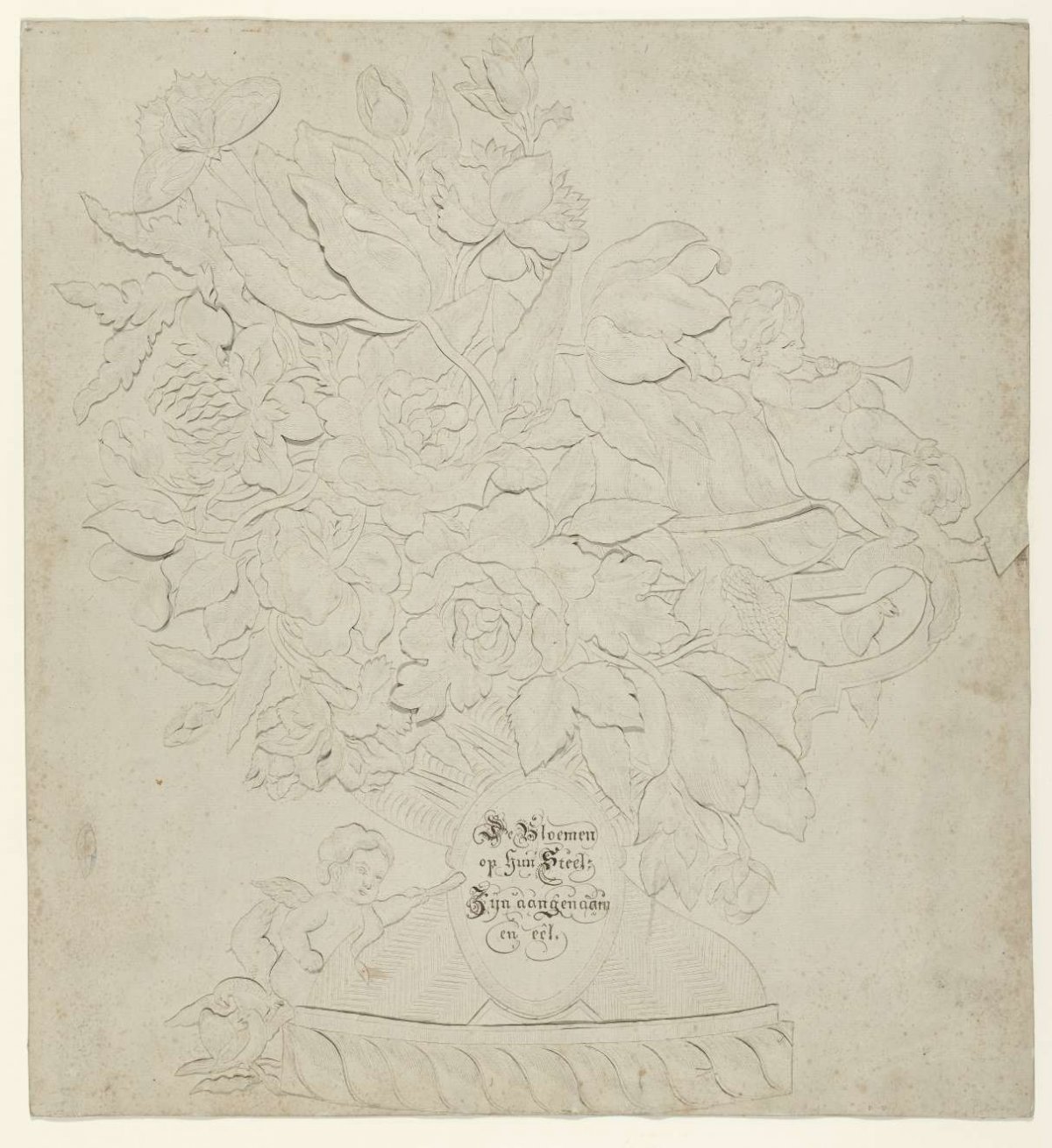 Cut of floral arrangement with putti, anonymous, 1700 - 1800