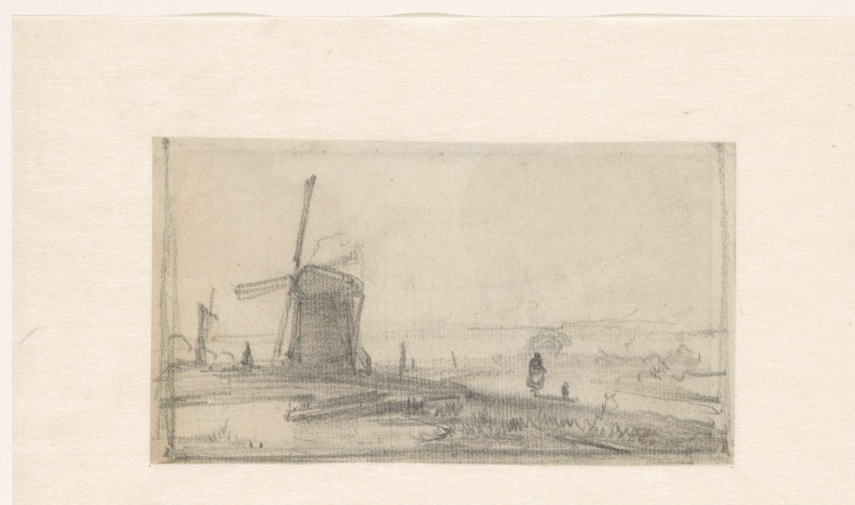 Sketch of a landscape with a mill on the left, Andreas Schelfhout, 1797 - 1870
