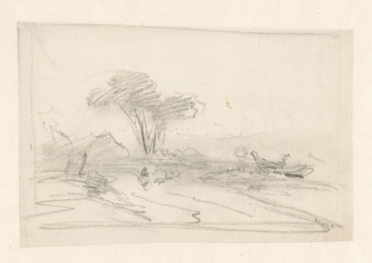 Sketch of a landscape with a tree and a boat, Andreas Schelfhout, 1797 - 1870
