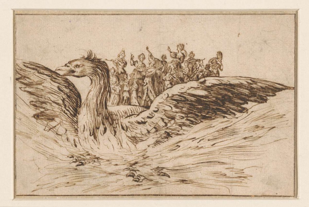 Musicians on the back of a large bird, anonymous, 1620 - 1700