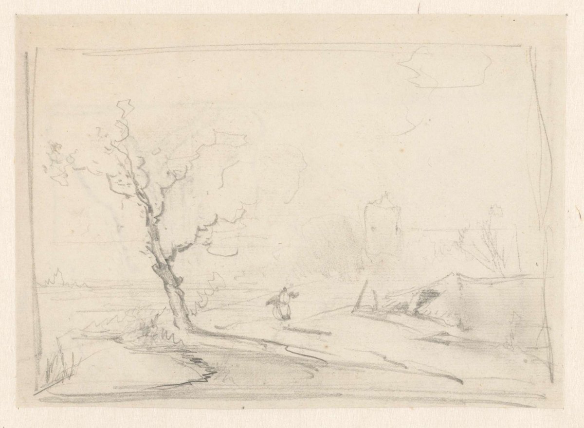 Sketch of a landscape with a tree at the water's edge, Andreas Schelfhout, 1797 - 1870