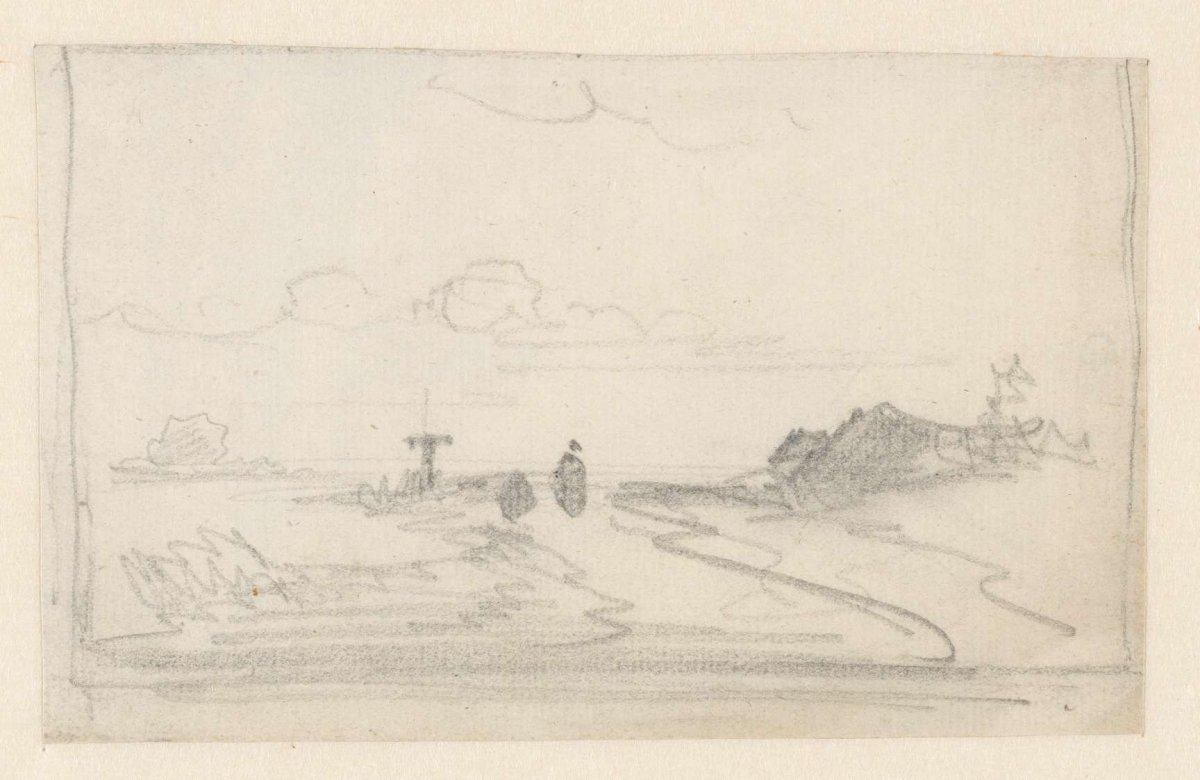 Sketch of a country road with low houses on the right, Andreas Schelfhout, 1797 - 1870