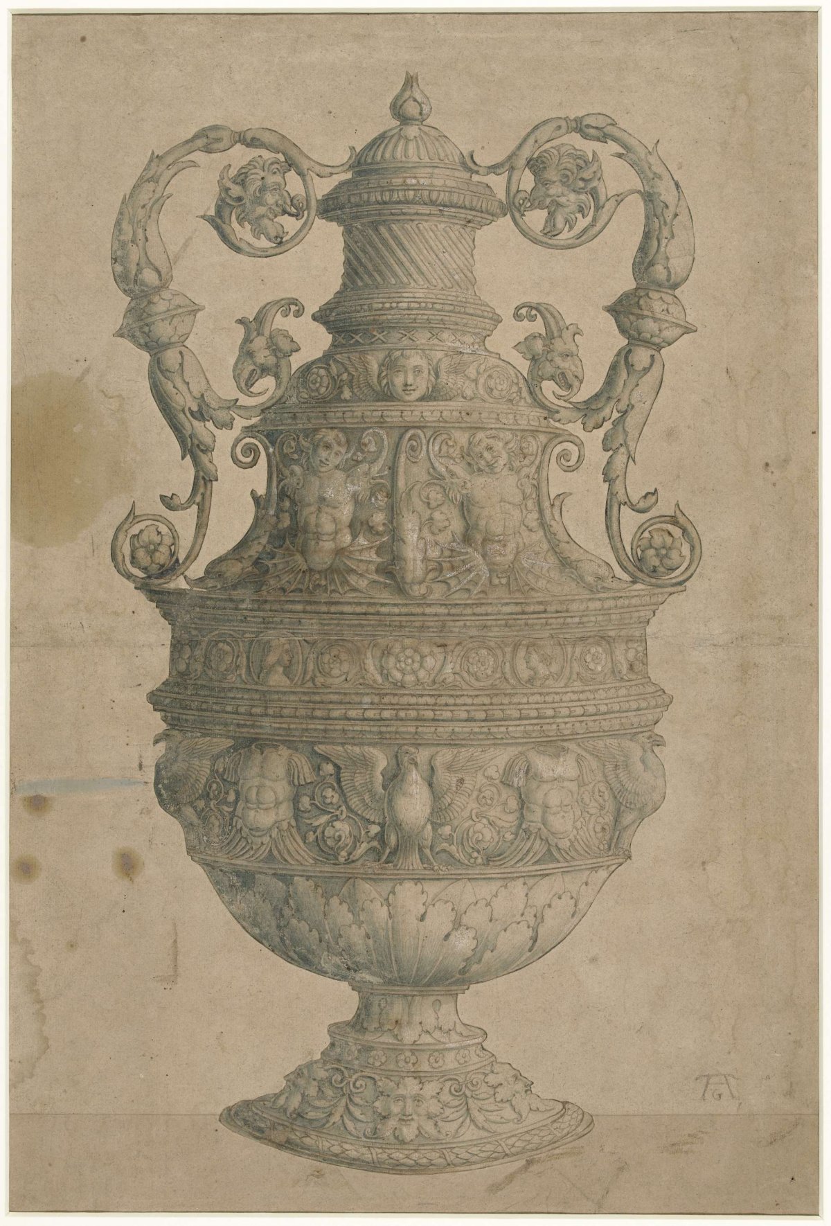 Decorative vase with mermen between dolphins, anonymous, c. 1500 - 1530