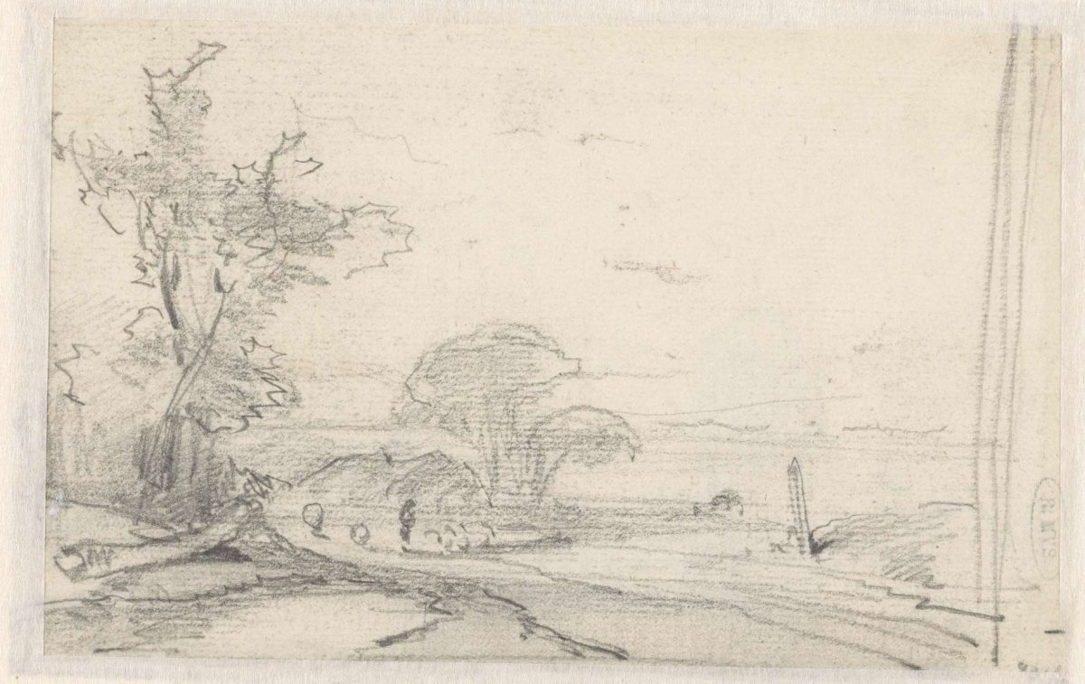 Sketch of a landscape with three trees on the left, Andreas Schelfhout, 1797 - 1870