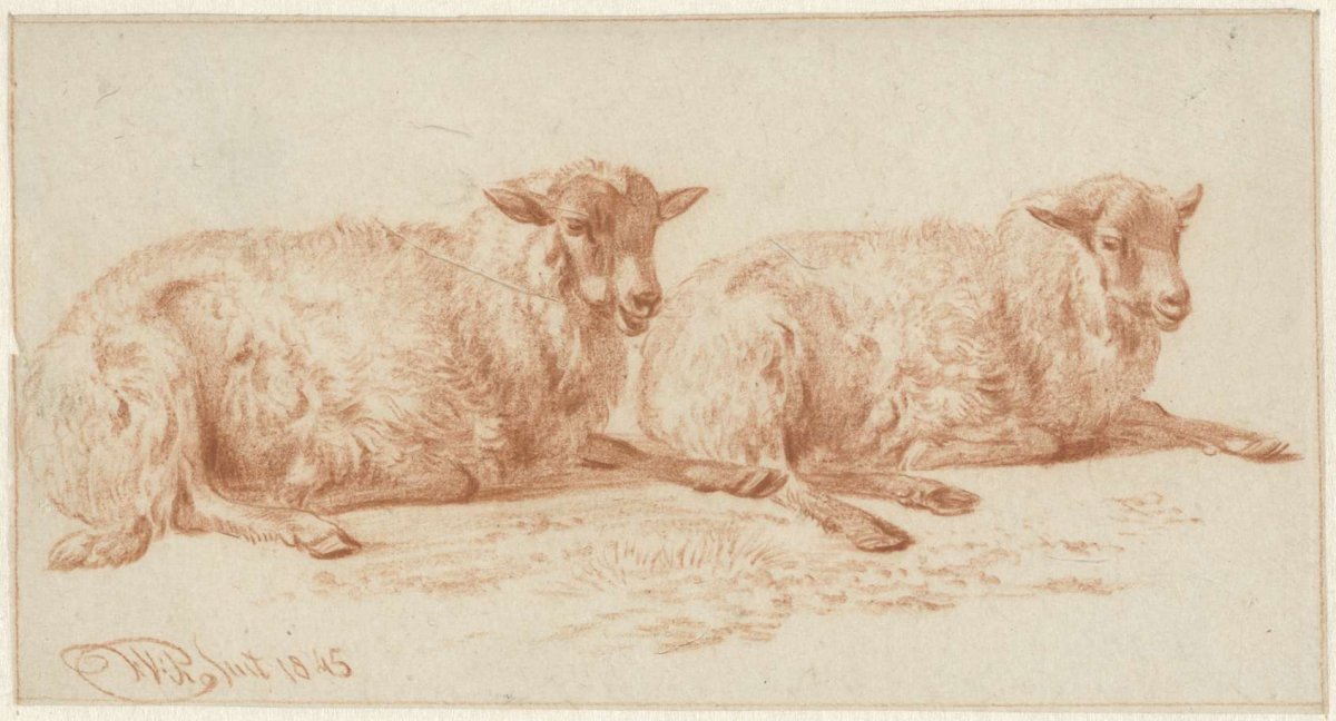 Study of two reclining sheep, Jan van Ravenswaay, 1845