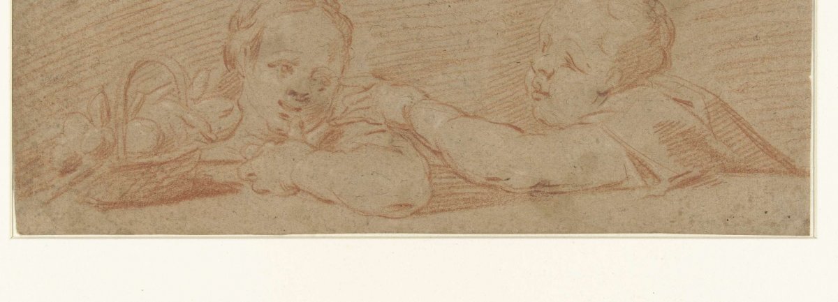 Two children playing with fruit basket, anonymous, 1700 - 1800