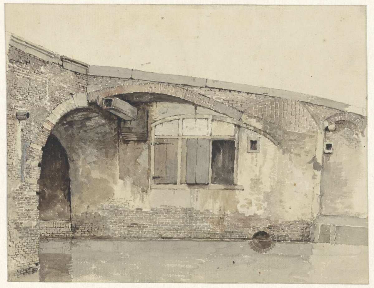 Old bridge with house or basement windows under quay, Kasparus Karsen, 1820 - 1896