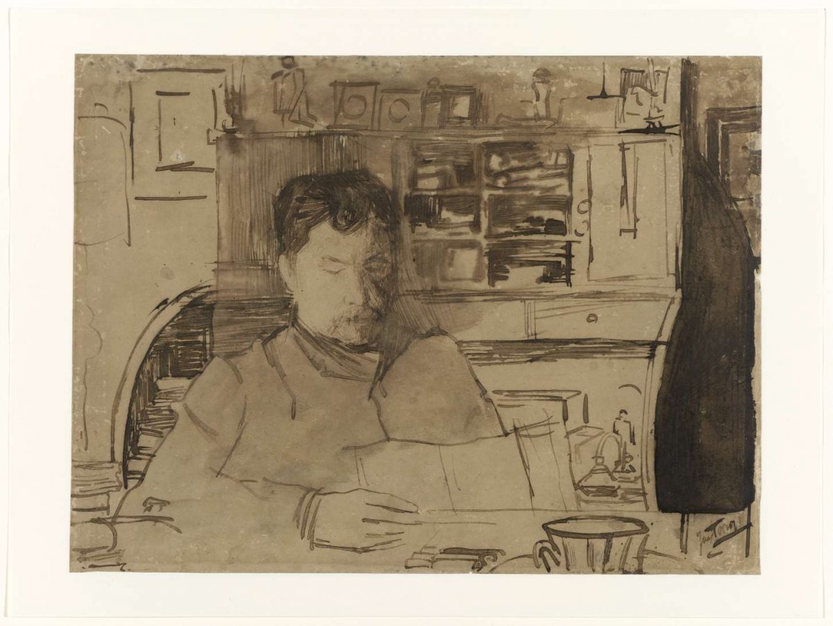 Portrait of a man reading, seated in an interior at a table, Jan Toorop, 1868 - 1928