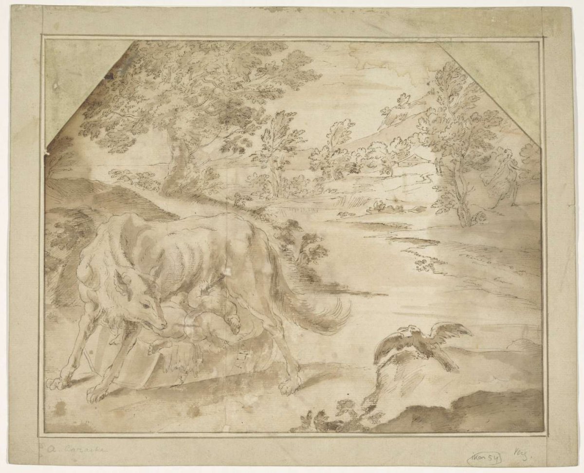Landscape with Romulus and Remus fed by the wolfess, anonymous, 1570 - 1620