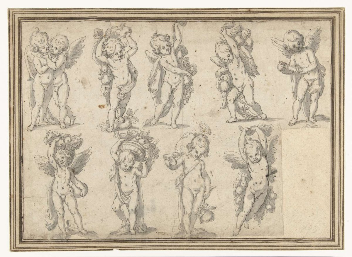 Study sheet with ten angels with attributes, anonymous, 1642