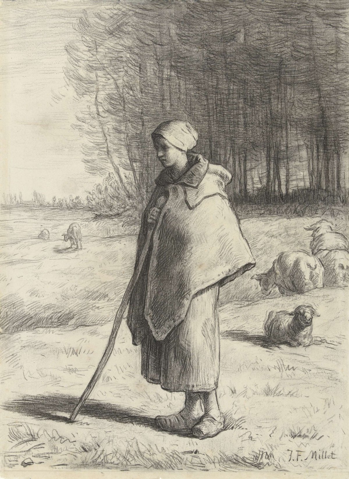 Shepherdess, leaning on a stick, Jean François Millet, 1860 - 1869