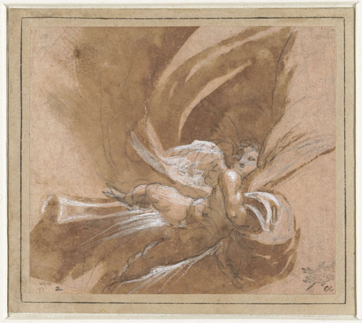 Floating putto lifting a curtain, anonymous, 1500 - 1599