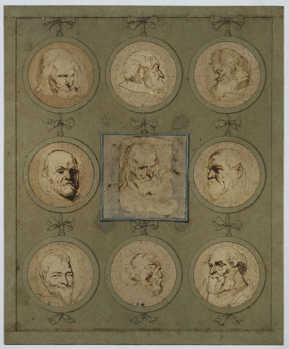 Collection sheet with nine study heads in medallions, Anthony van Dyck, 1610 - 1641