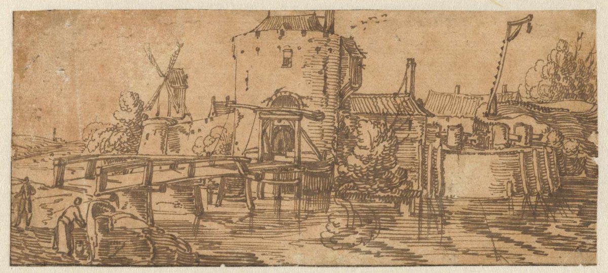 View of a town (Culemborg?) with a bridge in front of a gate, Jan van de Velde (II), 1603 - 1641