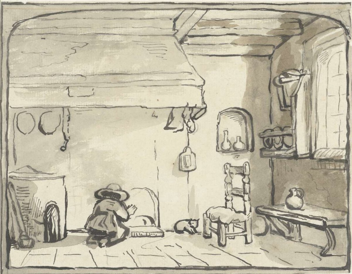 Kitchen interior with kneeling figure by fireplace, anonymous, 1637 - 1678
