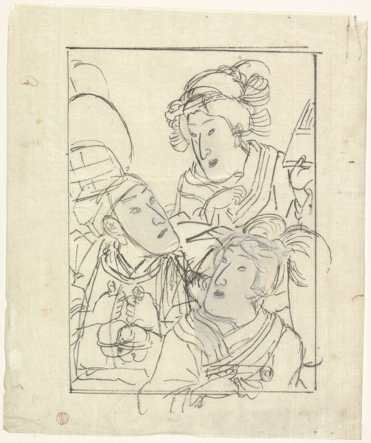 Bust portrait of three stage actors, two of them in female roles, Utagawa Kuniyoshi, 1808 - 1861