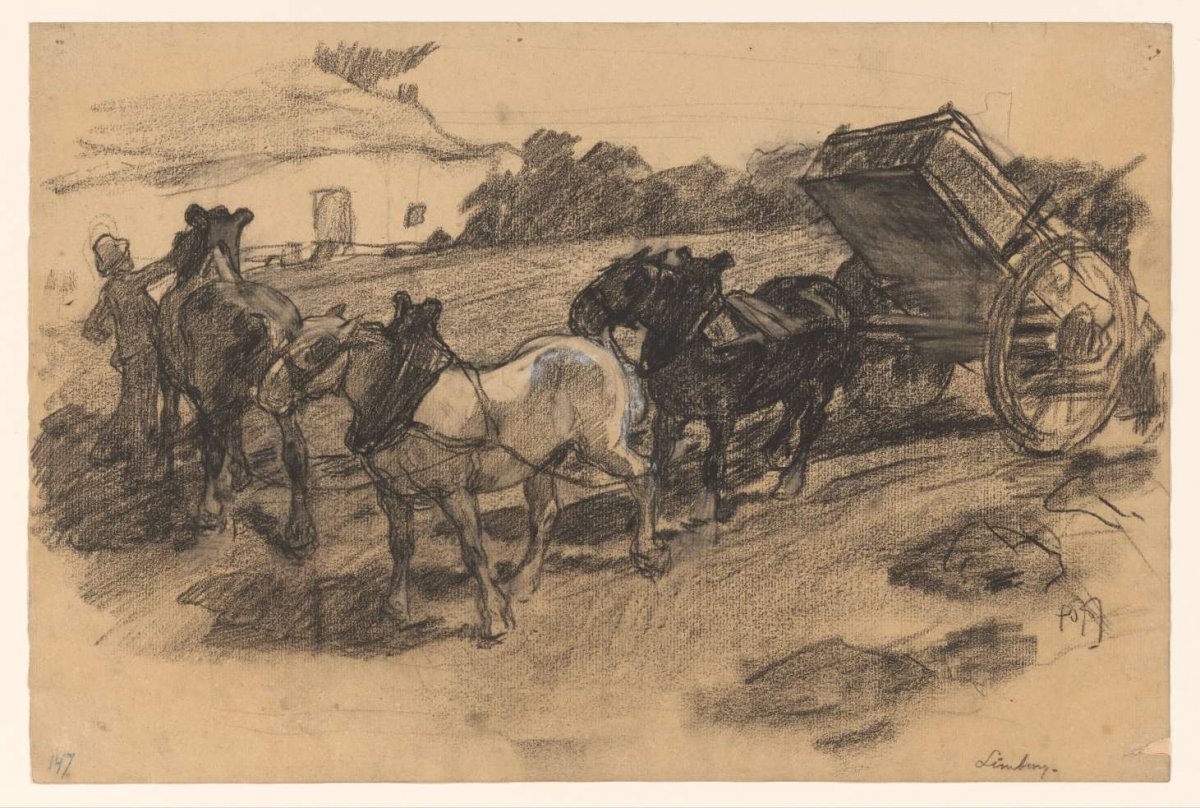 Toom of three horses in front of a wagon on a sloping field in Limburg, Pieter de Josselin de Jong, 1871 - 1906