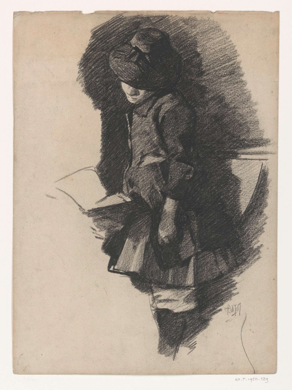 Standing girl with hat, looking into a book, Pieter de Josselin de Jong, 1871 - 1906