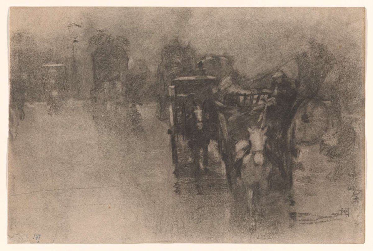 Town square in rain with carriages, Pieter de Josselin de Jong, 1871 - 1906