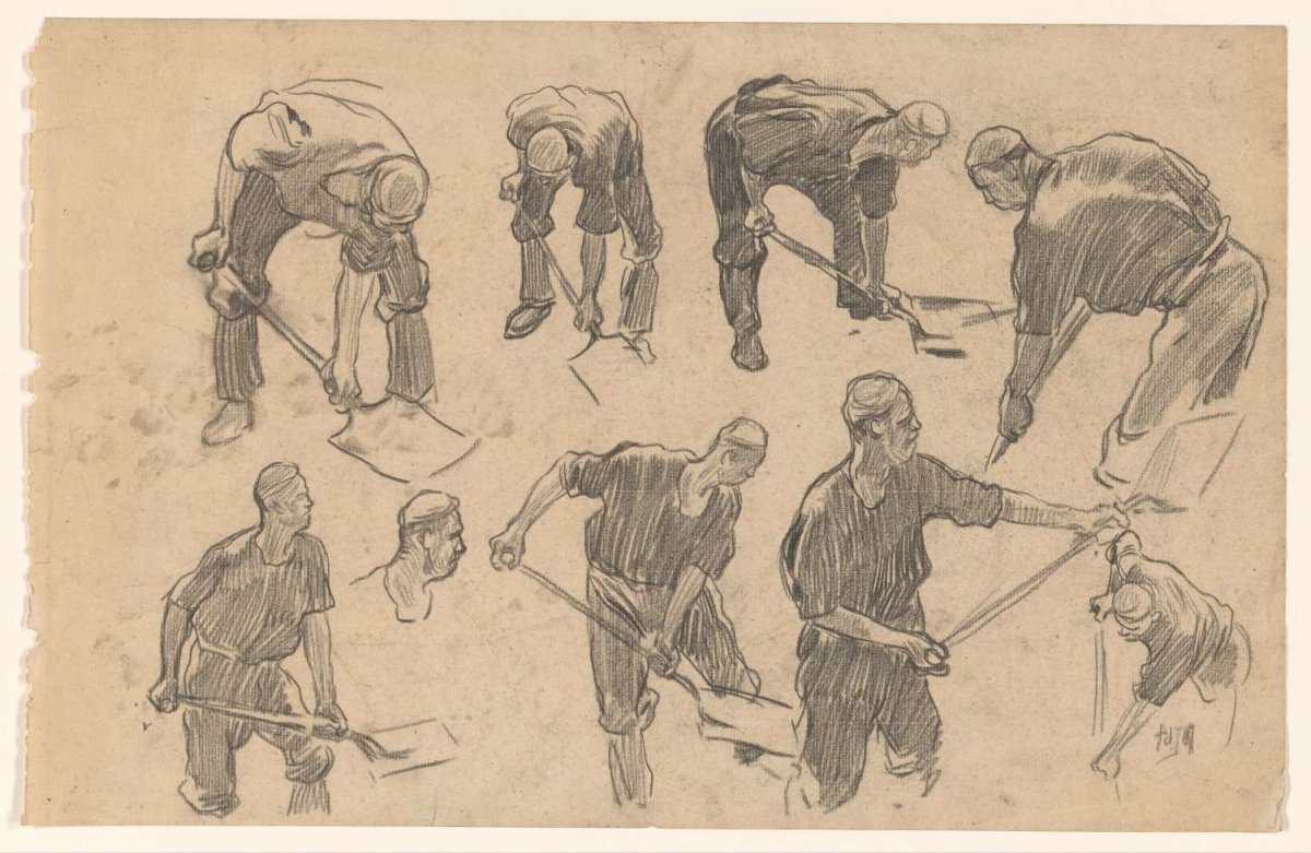 Study sheet with sketches of a spitting worker, Pieter de Josselin de Jong, 1871 - 1906