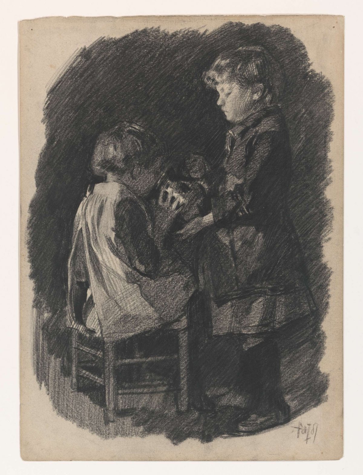 A little girl lets a sister drink from a jug of milk, Pieter de Josselin de Jong, 1871 - 1906