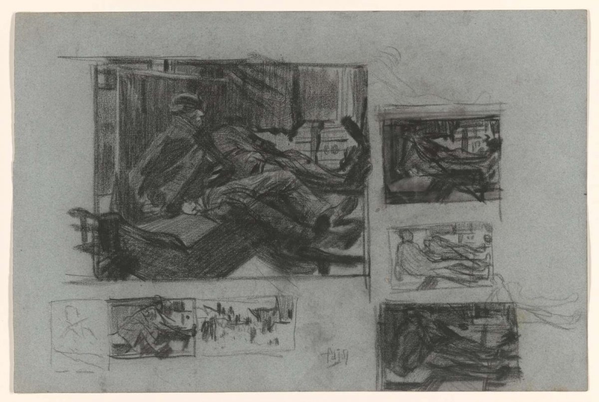 Study sheet with sketches of train compartment with sleeping men, Pieter de Josselin de Jong, 1871 - 1906