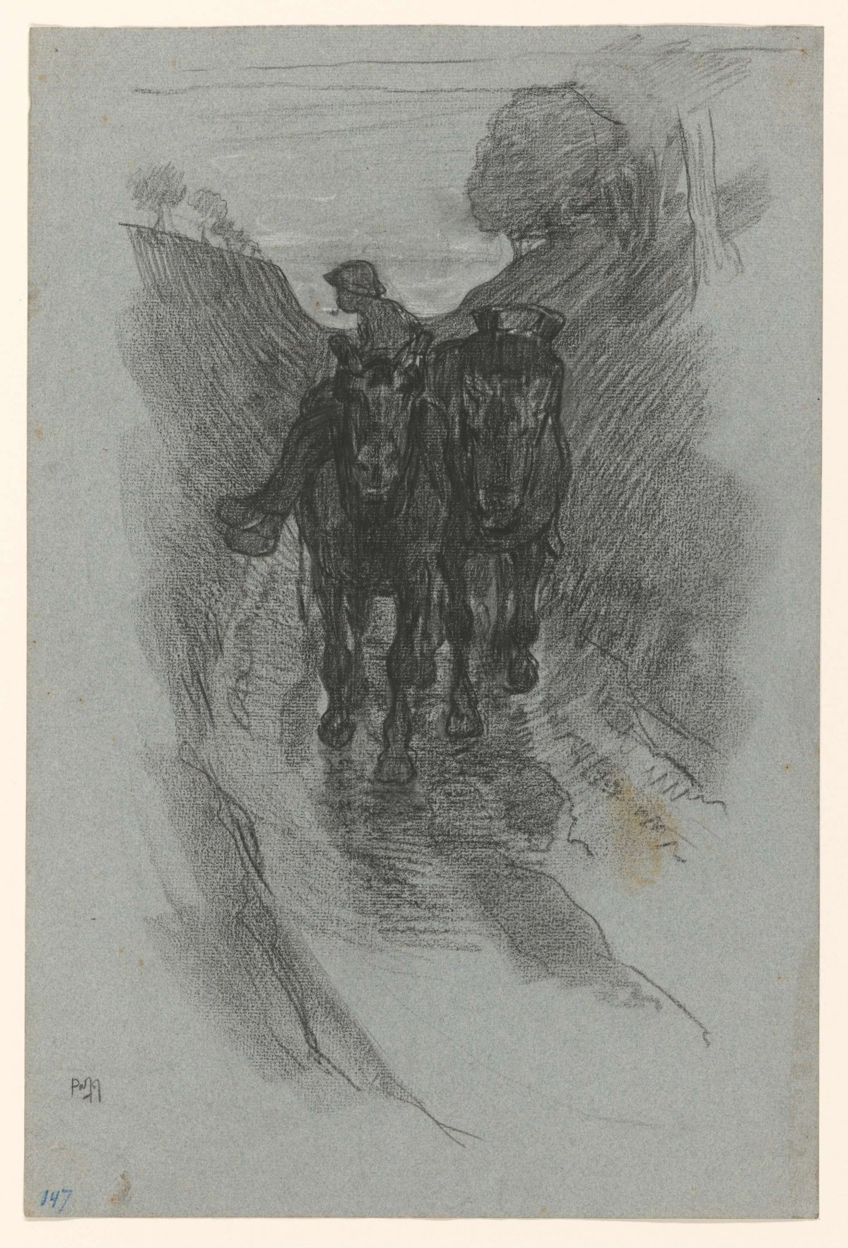 Hollow road on which horse sparrow with a rider, Pieter de Josselin de Jong, 1871 - 1906