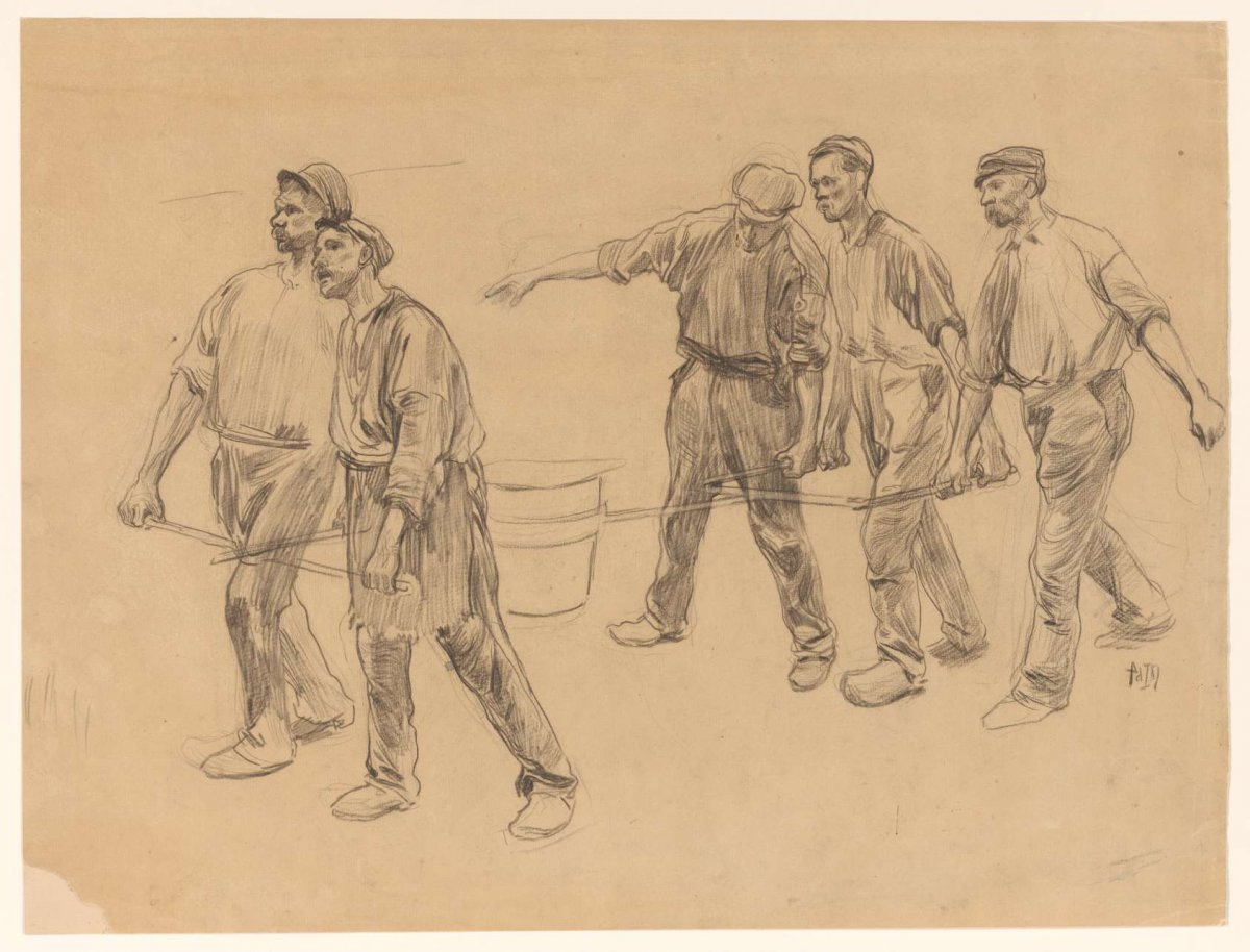 Five workers carrying a container of molten metal together, Pieter de Josselin de Jong, 1871 - 1906