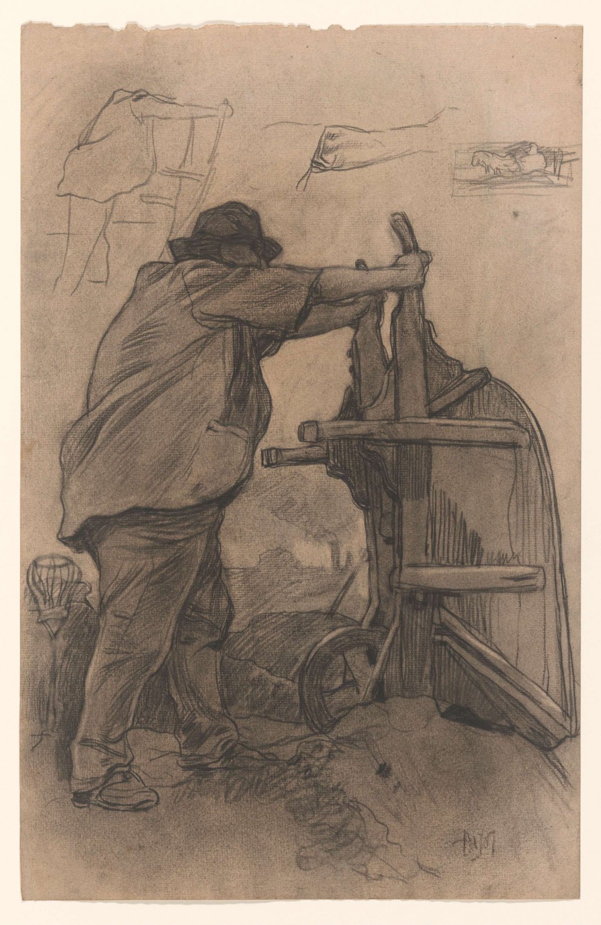 Worker turning over a wheelbarrow, Pieter de Josselin de Jong, 1871 - 1906