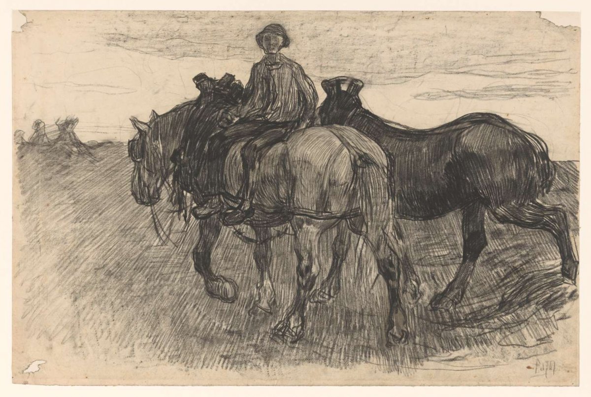 Span horses with a rider, Pieter de Josselin de Jong, 1871 - 1906