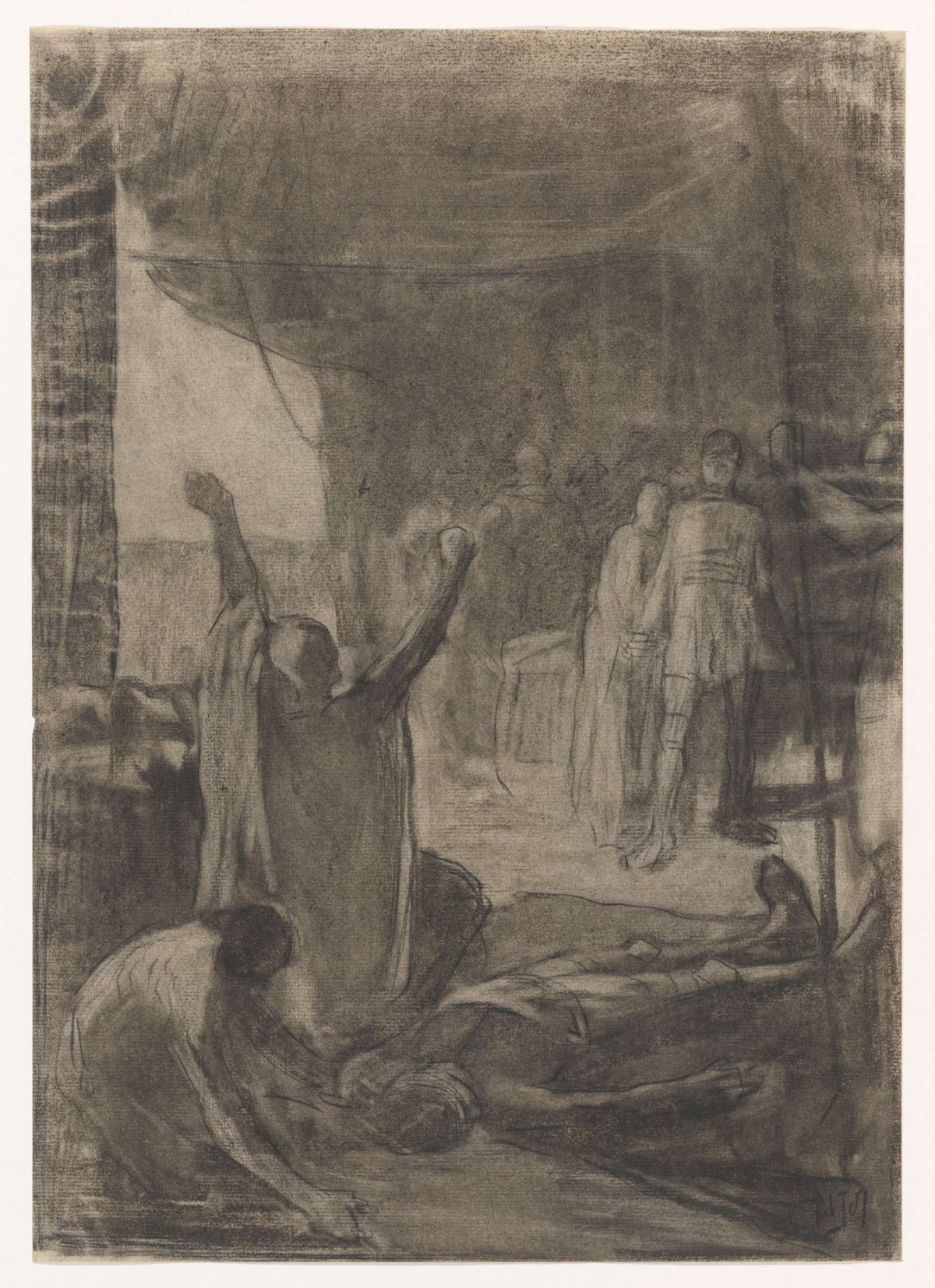 Scene from ancient history: an old man swears revenge at the corpse of a fallen man, Pieter de Josselin de Jong, 1871 - 1906