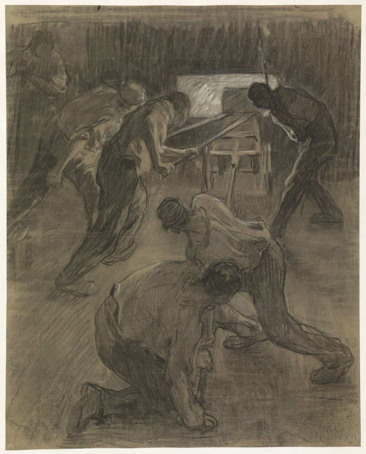 Six workers at work in the blast furnaces, Pieter de Josselin de Jong, 1871 - 1906
