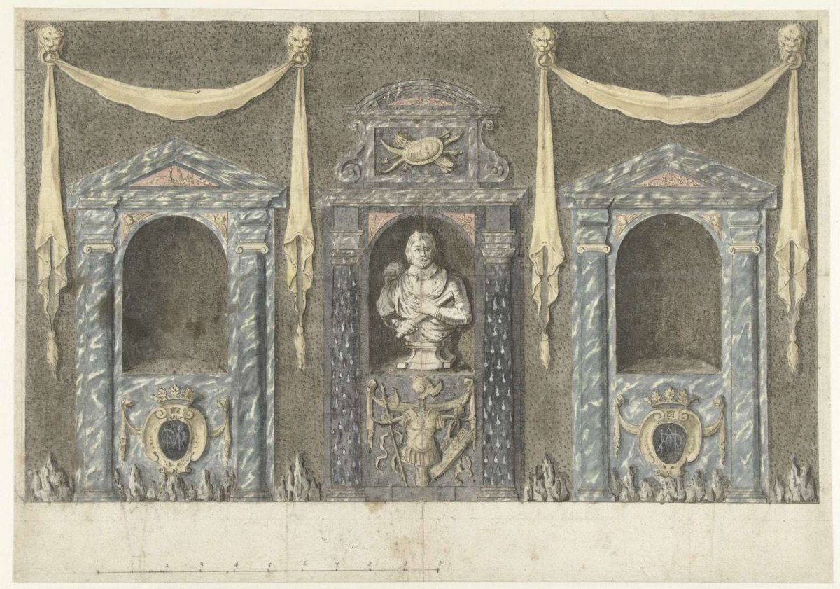 Design for garden facade with porches and a bust, anonymous, 1640 - 1660