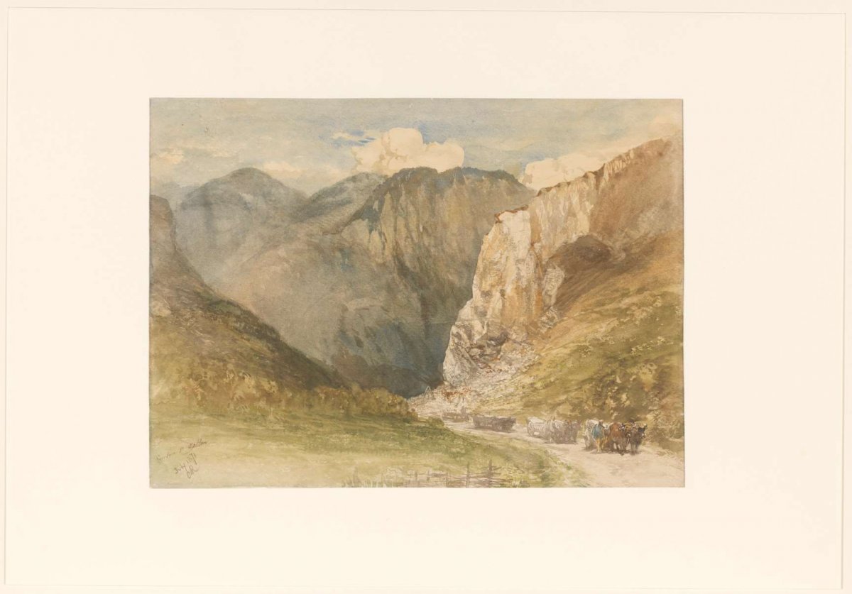 Ox carts on a road between mountains in the canton of Sankt Gallen, Charles Rochussen, 1871