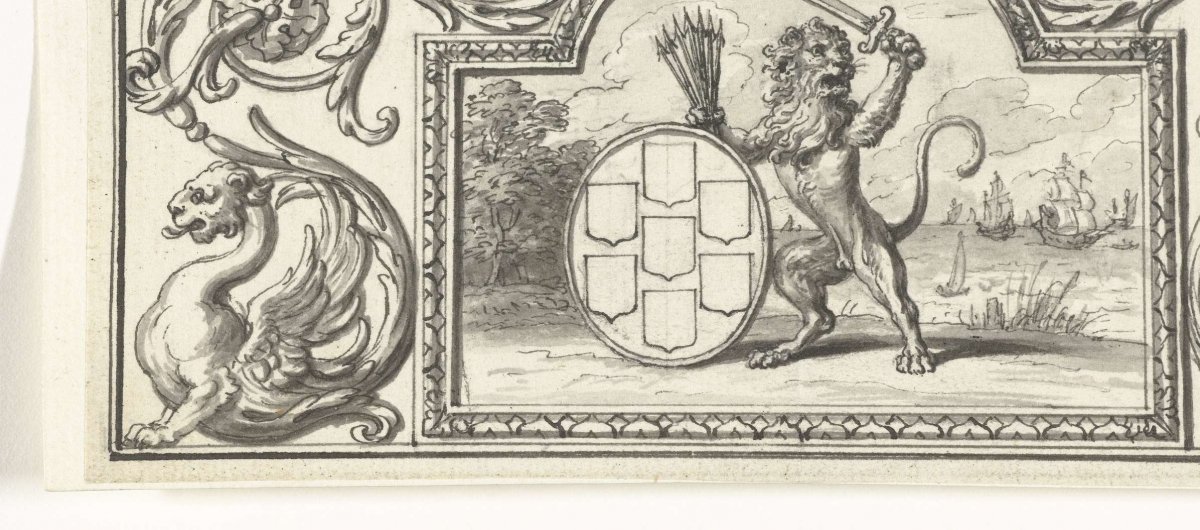 Vignette showing the Dutch lion with the coat of arms of the Seven United Provinces, Bernard Picart, 1683 - 1733