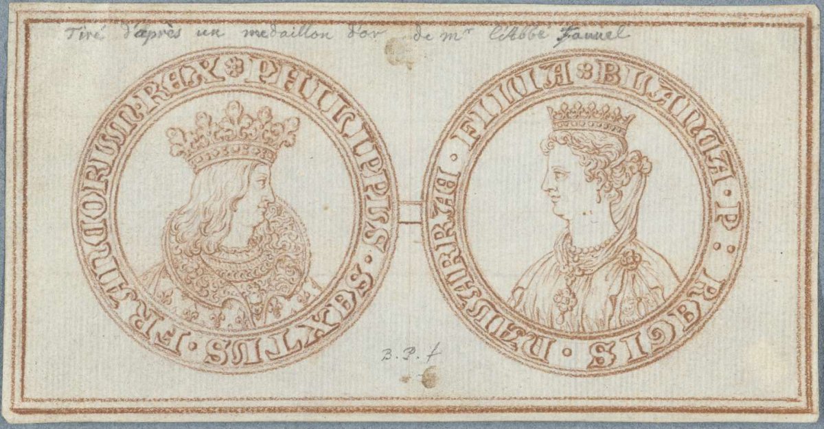 Front and reverse of a medal with portraits of Philip VI and Blanche of Navarre, king and queen of France, Bernard Picart, 1683 - 1733