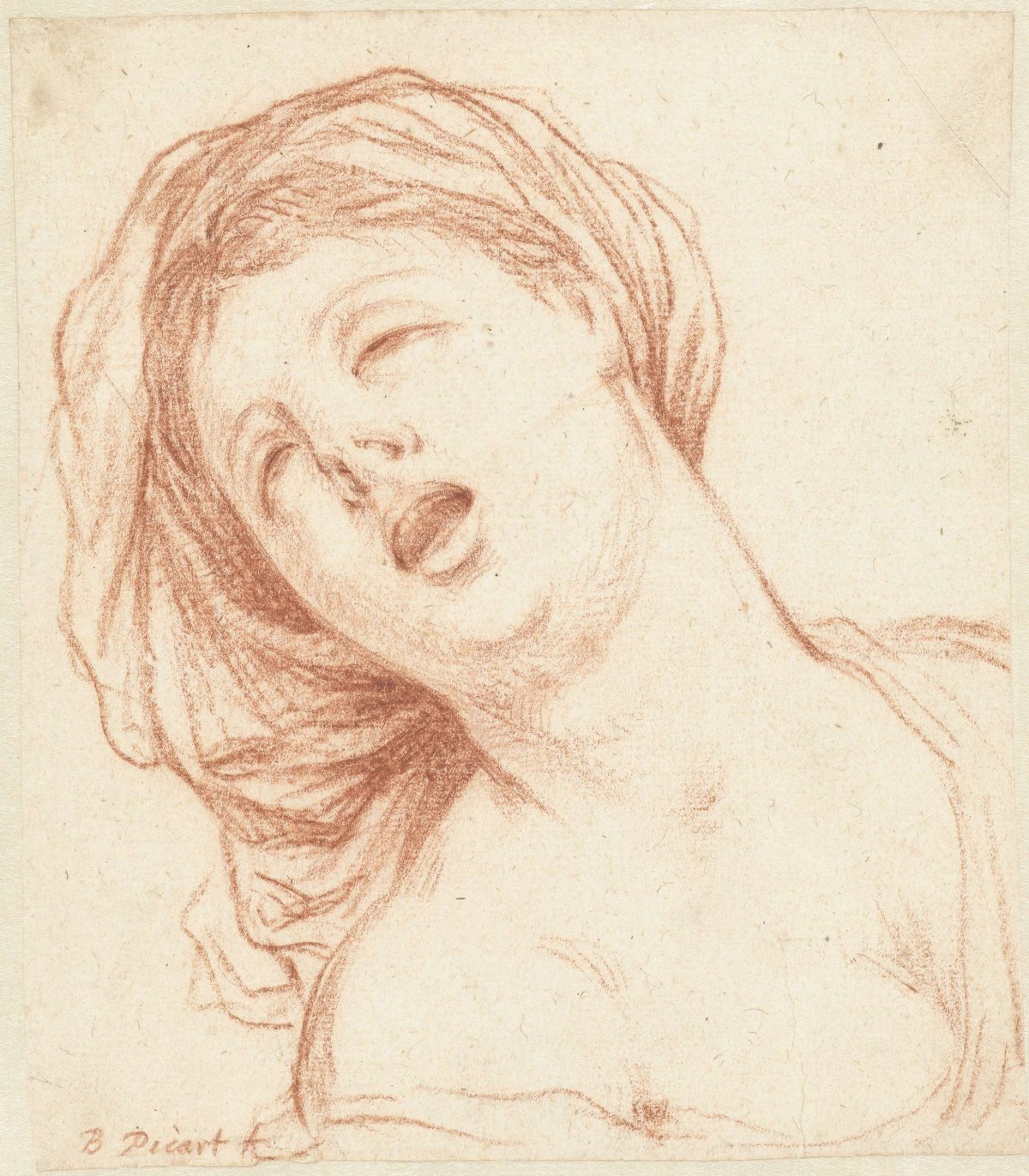 Bust of a screaming woman with headscarf, Bernard Picart, 1683 - 1733