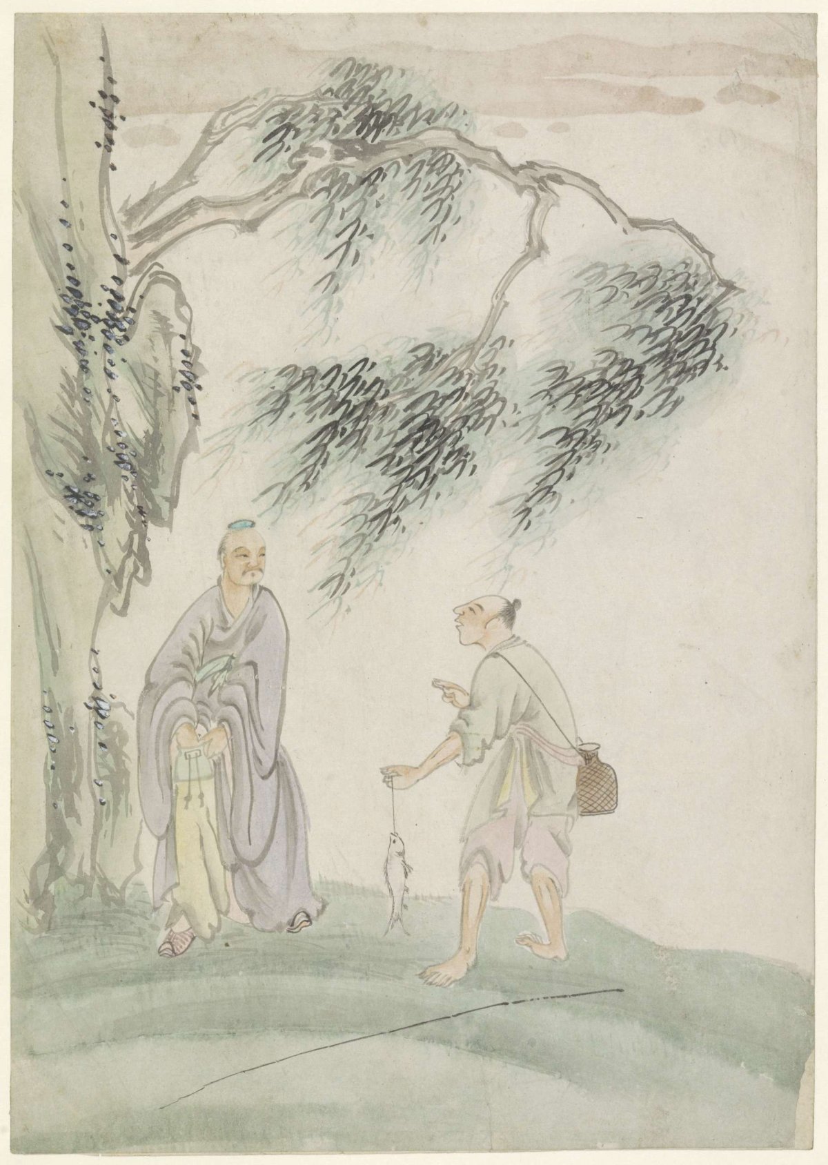 Walker buying a fish from a fisherman, under a tree, anonymous, c. 1800 - c. 1899