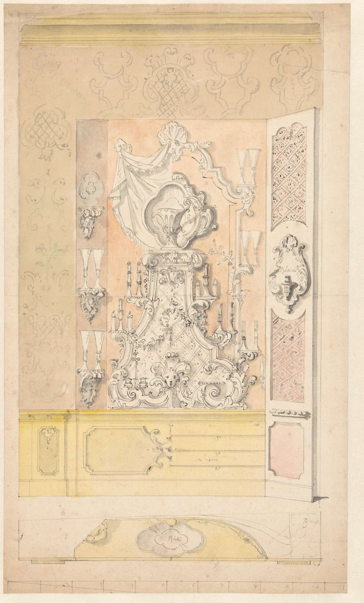 Design for a wall cabinet with étagère in interior paneling, anonymous, 1796