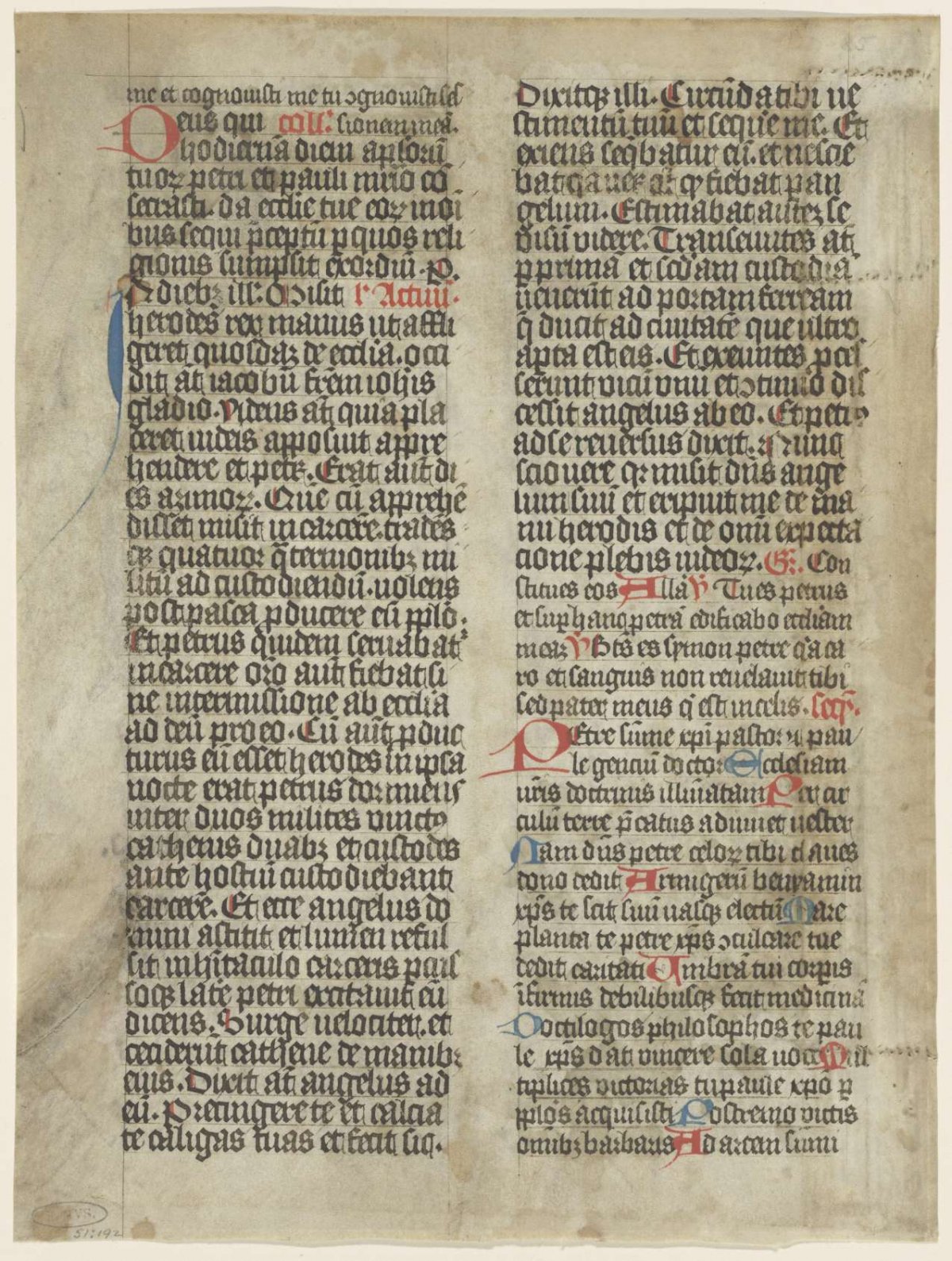 Fragment of a manuscript with initials in red and blue, anonymous, 1400 - 1500