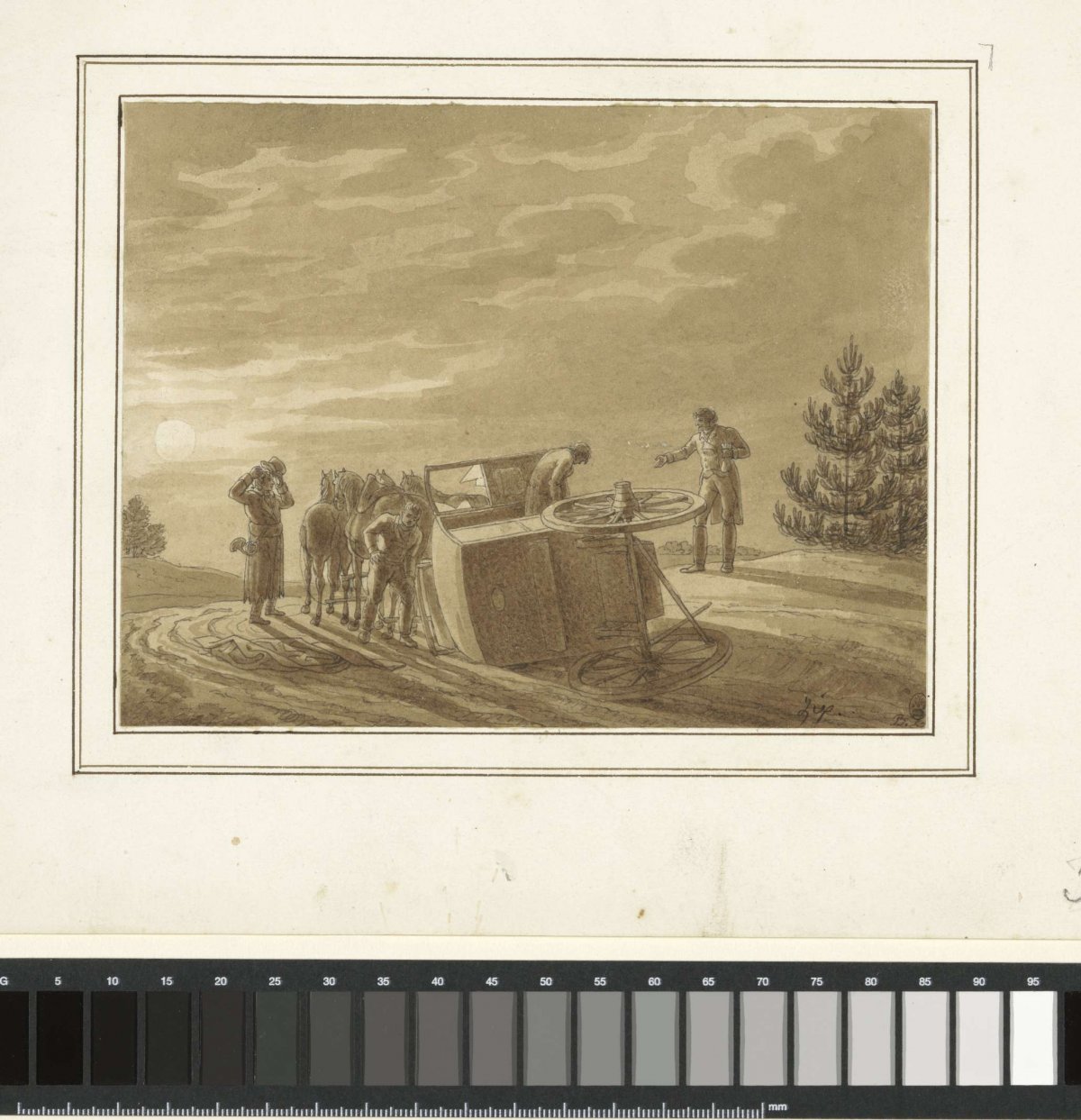 Travelers near overturned carriage in landscape by moonlight, Benjamin Zix, 1782 - 1811