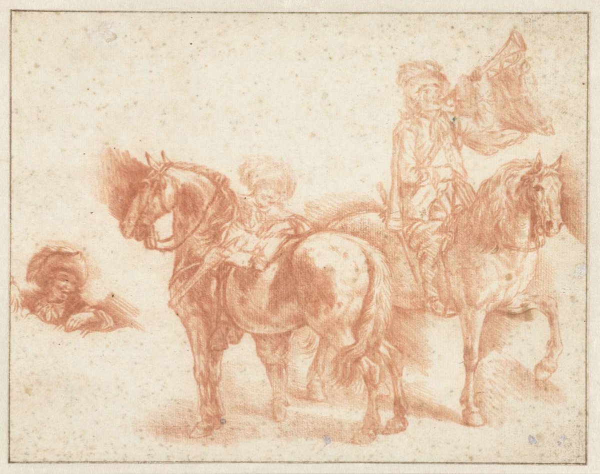 Mounted Trumpeter and Another Man about to Mount his Horse, with an Alternative Study for his Head and Shoulders, anonymous, after 1655